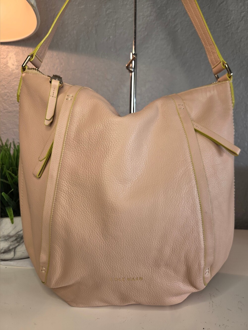 Cole Haan Blush Pink Pebbled Leather Hobo Shoulder Bag Chartreuse Trim Large